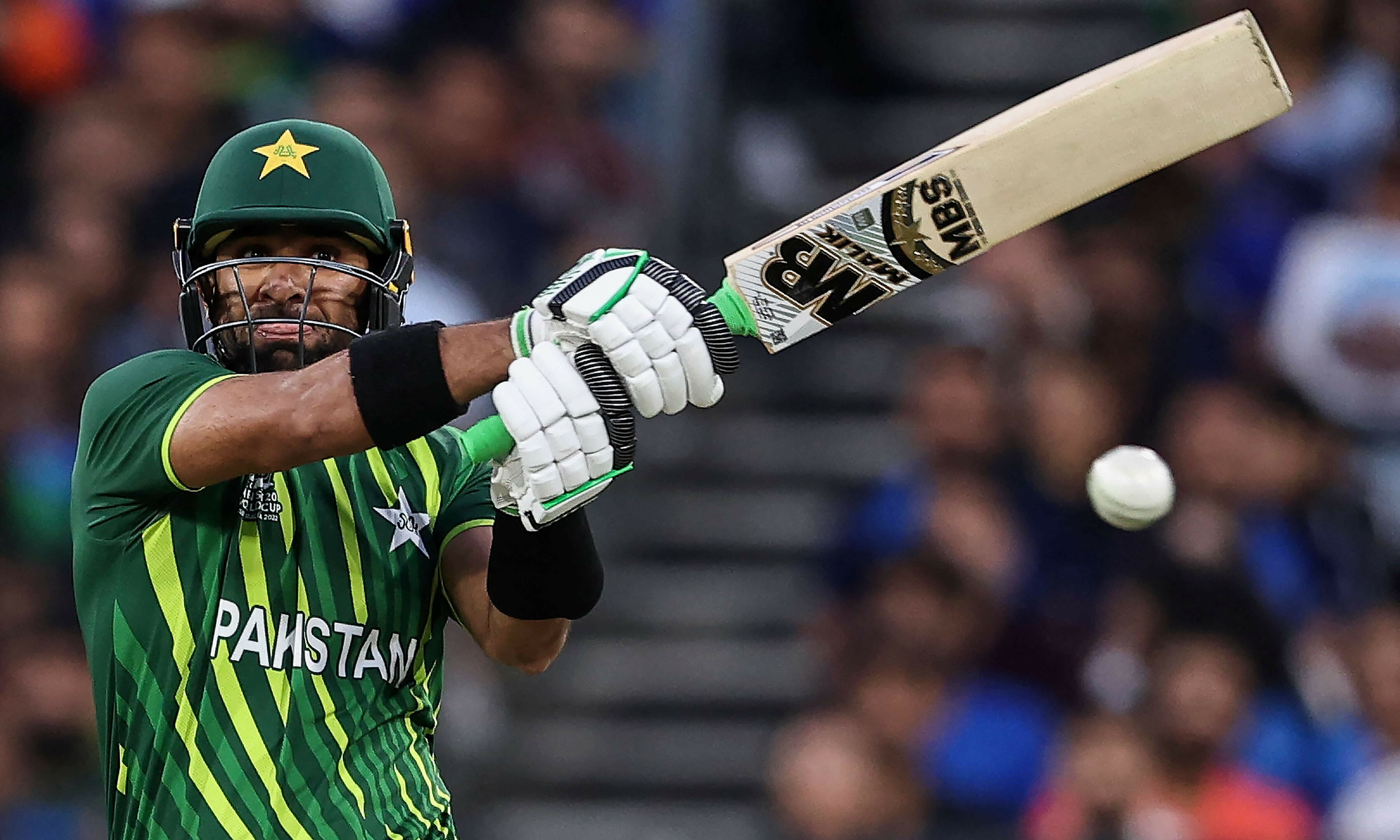 Pakistan&rsquo;s Iftikhar Ahmed plays a pull shot during the ICC men&rsquo;s Twenty20 World Cup 2022 cricket match between India and Pakistan at Melbourne Cricket Ground (MCG) in Melbourne on October 23, 2022. &mdash; AFP