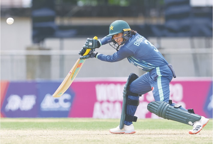 SYLHET: Pakistan captain Bismah Maroof plays a shot during the Women’s T20 Asia Cup match against Bangladesh at the Sylhet International Cricket Stadium on Monday.—courtesy ACC