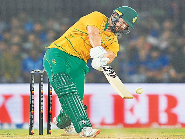 INDORE: South African batter Rilee Rossouw plays a shot during the third Twenty20 International against India at the Holkar Cricket Stadium on Tuesday.—AFP