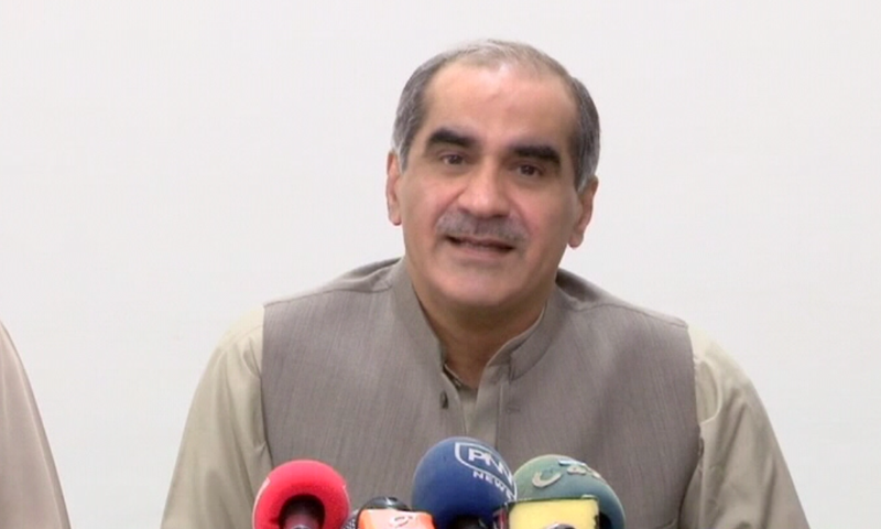 In this file photo, PML-N leader Khawaja Saad Rafique addresses a press conference in Lahore. — DawnNewsTV/File