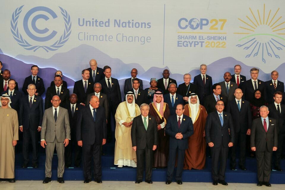 United Nations Secretary General Antonio Guterres and other world leaders pose for a family photo during the COP27 climate summit in Sharm el Sheikh, Egypt, November 7. — Reuters