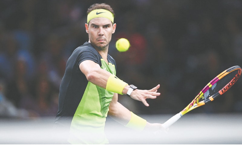 PARIS: Spain&rsquo;s Rafael Nadal eyes the ball during the Paris Masters round-of-16 match against Paul Tommy of the US at the AccorHotels Arena.&mdash;AFP
