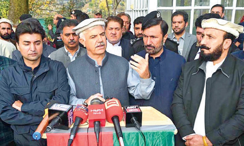 Chief Minister Mahmood Khan addresses mediapersons in Upper Dir on Tuesday. &mdash; APP
