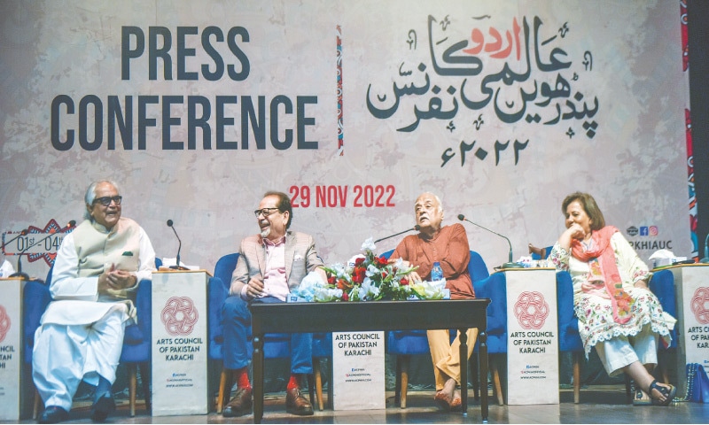 From left to right: Iftikhar Arif, Ahmed Shah, Anwar Maqsood and Noorul Huda Shah at the press conference.
—Fahim Siddiqi / White Star