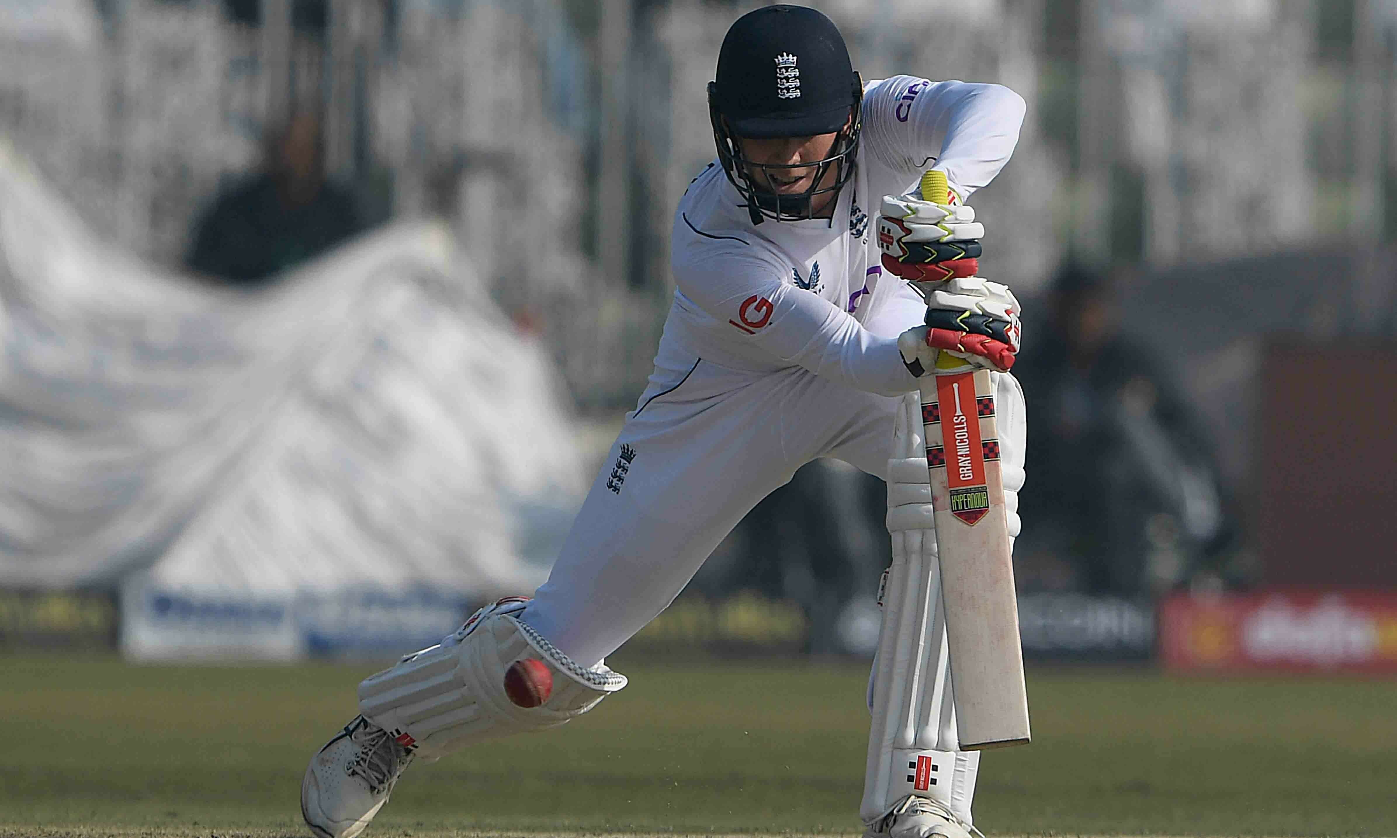 England’s Zak Crawley plays a shot during the first day of the first cricket Test match between Pakistan and England at the Rawalpindi Cricket Stadium on December 1. — AFP