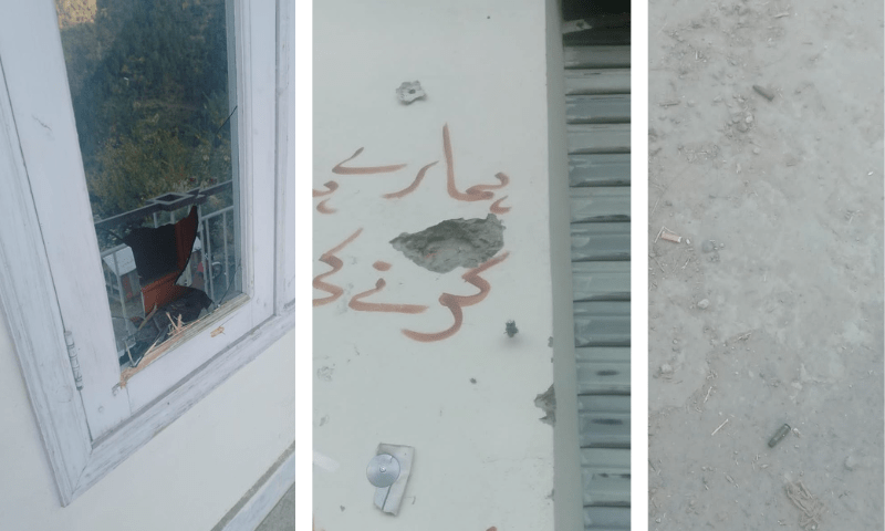 From L-R: A broken window of Faisal Zeb’s; bullet marks on a wall, two bullet casings found on the ground. — Photos by author