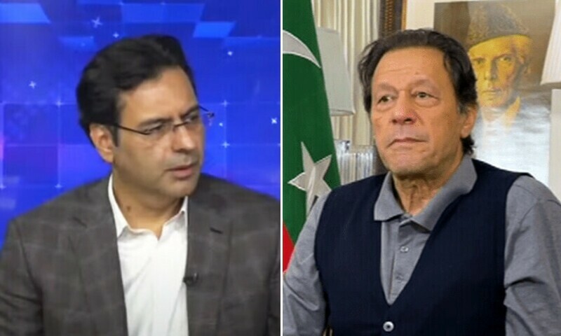 This combination photo shows former prime minister Imran Khan (right) and PML-Q’s Moonis Elahi. — Photos: DawnNewsTV/Screengrab via Hum News YouTube