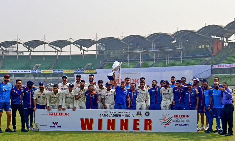 India’s cricket team poses for a photo as they hold the tournament trophy after winning on the fourth day of the second cricket Test match between Bangladesh and India at the Sher-e-Bangla National Cricket Stadium in Dhaka on December 25, 2022. — AFP India’s cricket team poses for a photo as they hold the tournament trophy after winning on the fourth day of the second cricket Test match between Bangladesh and India at the Sher-e-Bangla National Cricket Stadium in Dhaka on December 25, 2022. — AFP