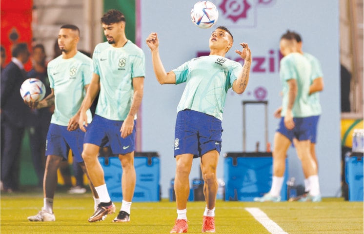 DOHA: Brazil’s Thiago Silva in action during training at the Al Arabi SC Stadium on Thursday, on the eve of the Group ‘G’ clash against Cameroon. Brazil are set to rest key players for their final group game on Friday with their place in the last 16  already secure. The World Cup favourites meet Cameroon at the Lusail Stadium needing just a draw to secure top spot. Cameroon have to win and hope Switzerland do not beat Serbia in the other game of the group at the same time if they are to advance.—Reuters