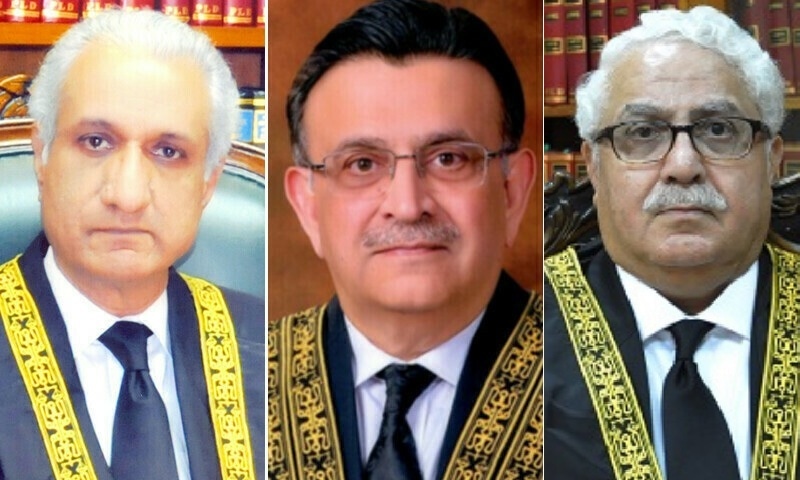 Supreme Court justices Ijazul Ahsan, Umar Ata Bandial and Sayyed Mazahar Ali Akbar Naqvi.—DawnNewsTV Supreme Court justices Ijazul Ahsan, Umar Ata Bandial and Sayyed Mazahar Ali Akbar Naqvi.—DawnNewsTV