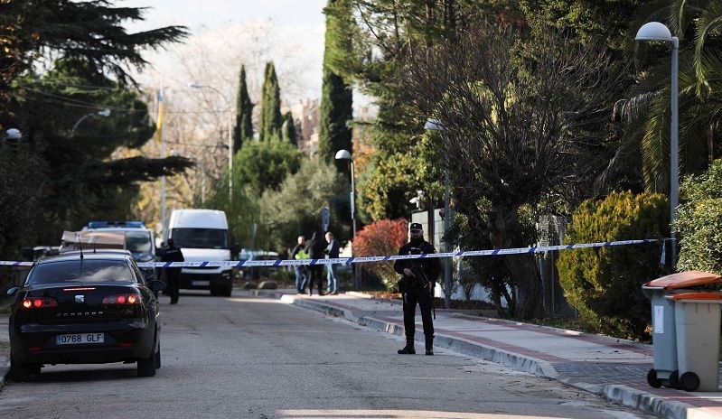 Police cordon off the perimeter outside the Ukrainian embassy in Madrid after a bloody package arrived at the embassy, in the wake of several letter bombs arriving at targets connected to Spanish support of Ukraine, amidst Russia&acirc;&euro;&trade;s invasion of Ukraine, in Madrid, Spain on Friday. &mdash; Reuters
