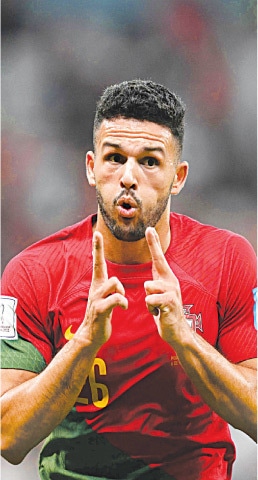 PORTUGAL’S Goncalo Ramos celebrates scoring against Switzerland during their round-of-16 match at the Lusail Stadium.—AFP