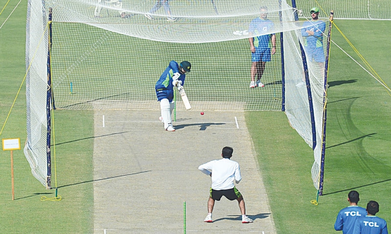 KARACHI: Pakistan’s players in action during a net practice session at the National Stadium on Thursday.
—Tahir Jamal/White Star