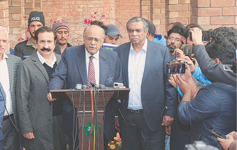 CHAIRMAN of the PCB Management Committee Najam Sethi speaks to reporters at the Gaddafi Stadium on Thursday.—M.Arif/White Star