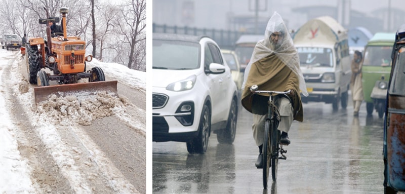 A tractor clears snow from the main road leading to Tirah valley, Khyber district, on Thursday. (Right) A bicycle rider covers himself with a plastic sheet as he pedals through a road during rain in Peshawar. &mdash; Dawn/Online