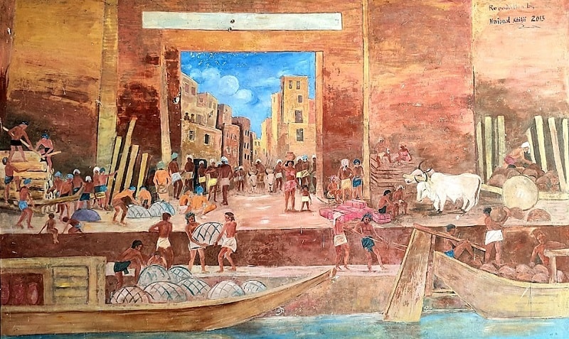 Artist’s depiction of life along the Mohenjo-Daro docks, displayed at the Mohenjo-Daro Museum on the excavation site. — Photo by author