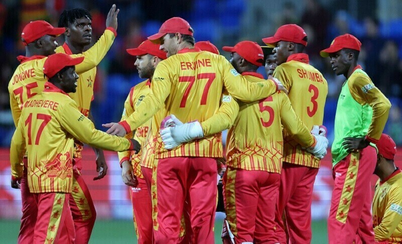 Zimbabwe players celebrate the dismissal of Scotland’s George Munsey during the ICC men’s T20 World Cup 2022 match between Scotland and Zimbabwe at Bellerive Oval in Hobart in October 2022. — AFP