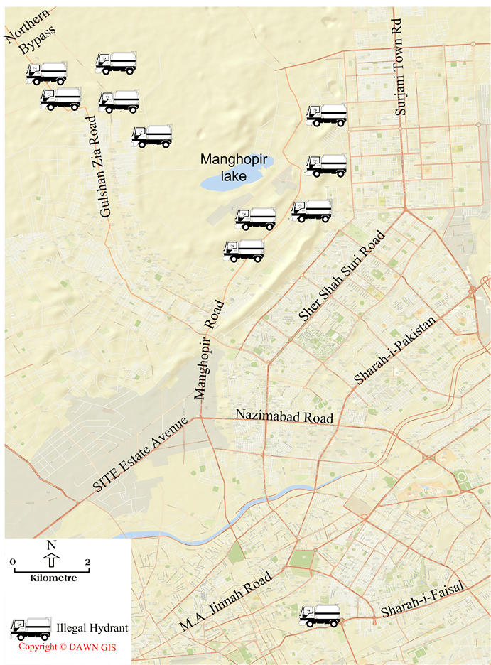 Map shows location of 10 out of at least 76 illegal hydrants that are extracting water
from KWSB lines.