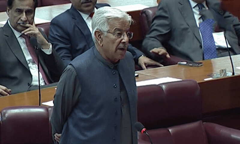 Defence Minister Khawaja Asif speaks in the National Assembly on Tuesday. — DawnNewsTV