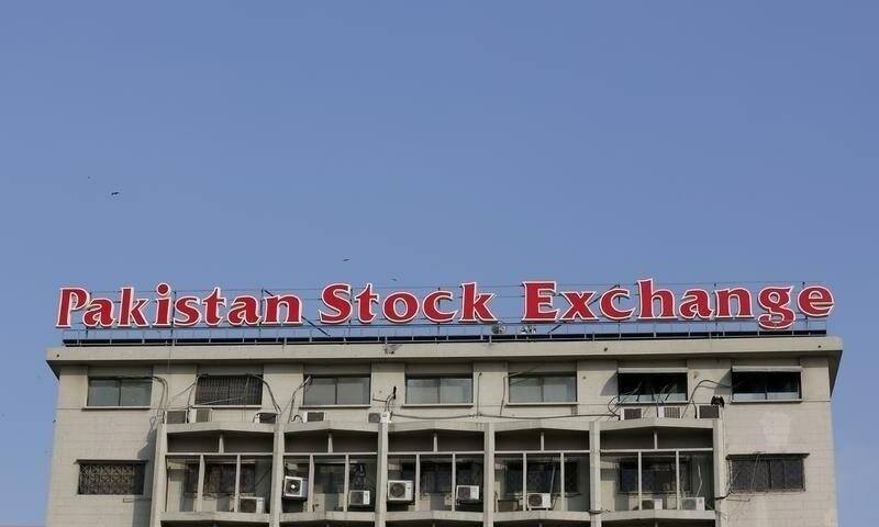 A sign of the Pakistan Stock Exchange is seen on its building in Karachi in 2016. — Reuters/File