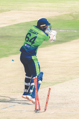 IRELAND’S Gareth Delany is cleaned up by Zimbabwe pacer Richard Ngarava during the first T20 International at the Harare Sports Club on Thursday.—AFP