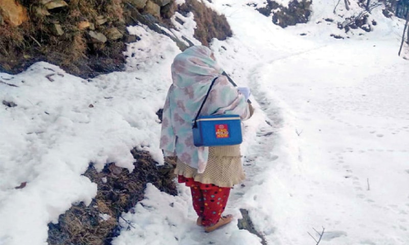 A health worker on her way to vaccinate children in a mountainous Shangla area. &mdash; Dawn