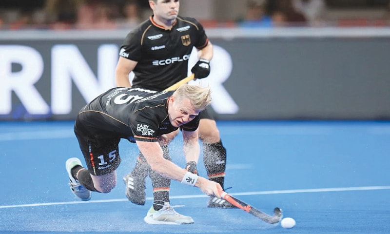 BHUBANESWAR: Germany&rsquo;s Tom Grambusch takes a penalty corner during the World Cup crossover match against France at the Kalinga Stadium on Monday.&mdash;FIH