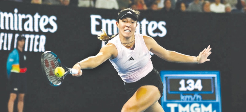 MELBOURNE: Jessica Pegula of the US hits a return against Belarus’ Victoria Azarenka during their Australian Open quarter-final at the Melbourne Park on Tuesday.—AFP
