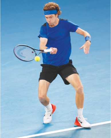 RUSSIA’S Andrey Rublev in action during the quarter-final against Novak Djokovic of Serbia. —Reuters