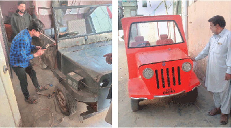 Work is underway to convert a three-wheeler into a jeep. (Right) Mukhtar Asim stands close to the finished &lsquo;Tarzan&rsquo;.&mdash;Faysal Mujeeb