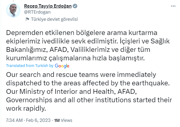  A screengrab showing a tweet by Turkish President Recep Tayyip Erdogan made on Feb 6. 