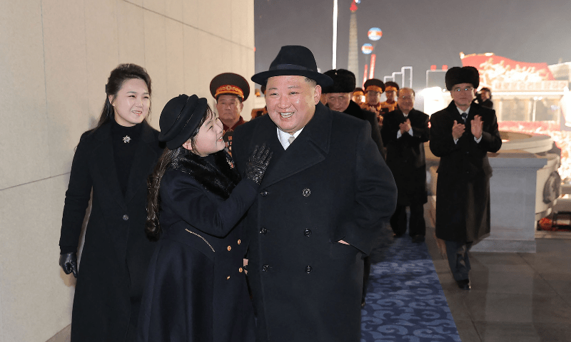  This picture taken on February 8 and released by North Korea’s official Korean Central News Agency (KCNA) on February 9 shows North Korea’s leader Kim Jong Un (R), his daughter presumed to be named Ju Ae (C) and wife Ri Sol Ju (L) attending a military parade celebrating the 75th anniversary of the founding of the Korean People’s Army in Kim Il Sung Square in Pyongyang. — AFP 