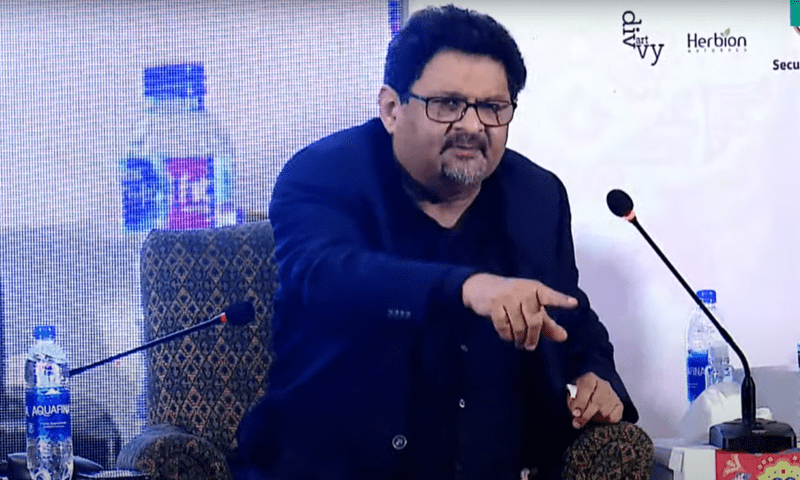 Former finance minister Miftah Ismail speaks at a Karachi Literature Festival panel on Sunday. — screengrab