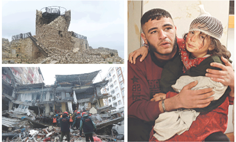 (Clockwise from top left): A view of an ancient citadel in rebel-held Aleppo, Syria, after it was damaged in the earthquake; a young injured girl awaits treatment at a hospital in Azaz, a town in Aleppo province; and, rescuers search for survivors in Diyarbakir, Turkiye.—Agencies (Clockwise from top left): A view of an ancient citadel in rebel-held Aleppo, Syria, after it was damaged in the earthquake; a young injured girl awaits treatment at a hospital in Azaz, a town in Aleppo province; and, rescuers search for survivors in Diyarbakir, Turkiye.—Agencies