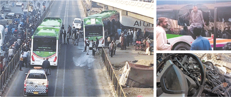  (Clockwise from left) A Green Bus stops on its dedicated track at the site of an accident at Nagan Chowrangi, where another Green Bus skidded off the track and hit the fence on Friday morning; a man exits the bus after passengers smashed through the windows to get out following the accident; and the wiring and cables of the vehicle are exposed as its front panel and grille were broken in the crash.—PPI/ Fahim Siddiqi / White Star 