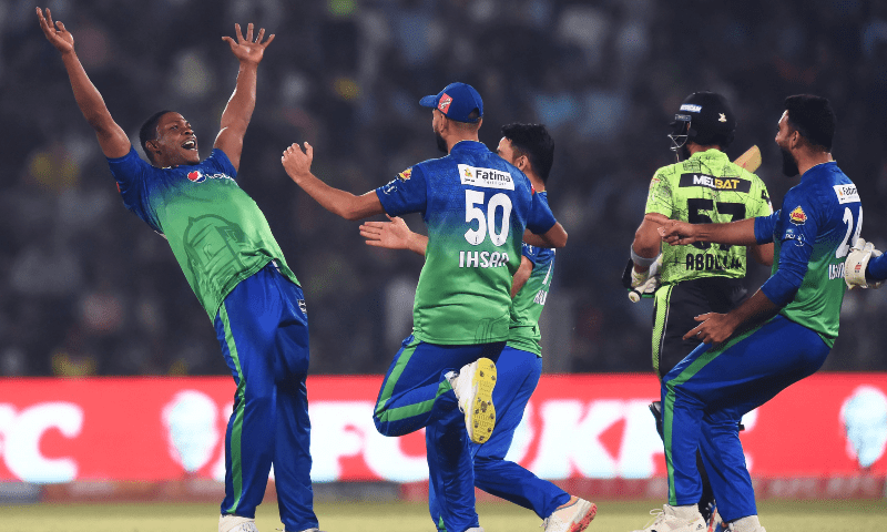 Multan Sultans pacer Sheldon Cottrell celebrates after dismissing Lahore Qalandars batter Abdullah Shafique during the Pakistan Super League Qualifier at the Gaddafi Stadium on Wednesday.—AFP