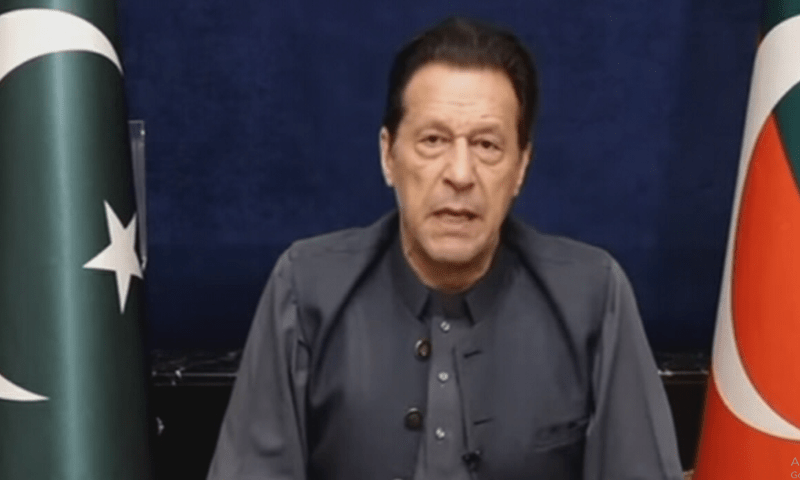 PTI Chairman Imran Khan speaks in a video address on Monday. — DawnNewsTV