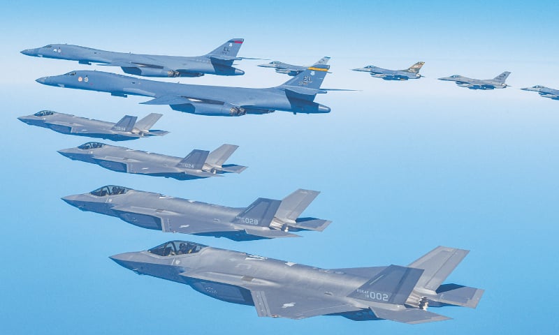 B-1B BOMBERS and F-16 fighter jets from the US and South Korean F-35As take part in a joint air drill on Sunday.—Reuters