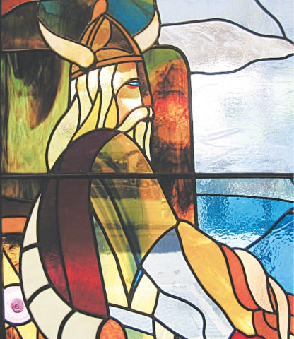 Viking warrior detail from stained-glass window at Miss Maud Swedish Hotel, Perth, Australia