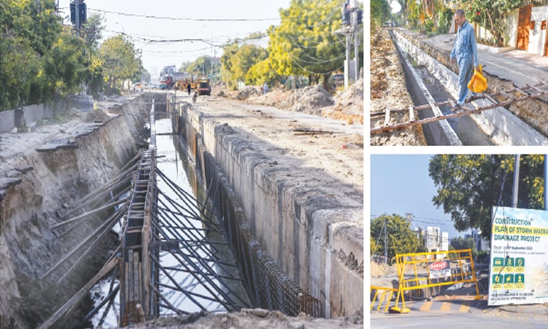 Several roads in DHA have been dug-up and closed for vehicular traffic for months in connection with the construction of a storm water drain project. (Top right) A man tries to cross over the road using a ladder as a makeshift bridge on Saturday.—Fahim Siddiqi / White Star