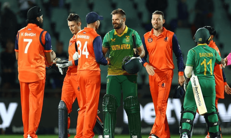 South Africa’s Aiden Markram shakes hands with Netherlands’ Wesley Barresi and teammates after they won the 2nd One Day International at Willowmoore Park, Benoni, South Africa on March 31, 2023. — Reuters