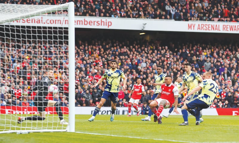 LONDON: Arsenal&rsquo;s Gabriel Jesus (third R) scores during the Premier League match against Leeds United at the Emirates Stadium on Saturday.&mdash;Reuters