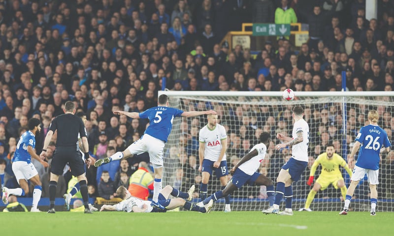 EVERTON’S Michael Keane (L) scores past Tottenham Hotspur goalkeeper Hugo Lloris during their Premier League match at Goodison Park.—Reuters EVERTON’S Michael Keane (L) scores past Tottenham Hotspur goalkeeper Hugo Lloris during their Premier League match at Goodison Park.—Reuters