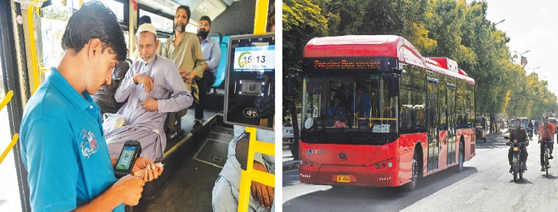 A man reaches into his pocket to pay the fare. (right) A Red Bus ferries passengers to their destinations.—Fahim Siddiqi / White Star