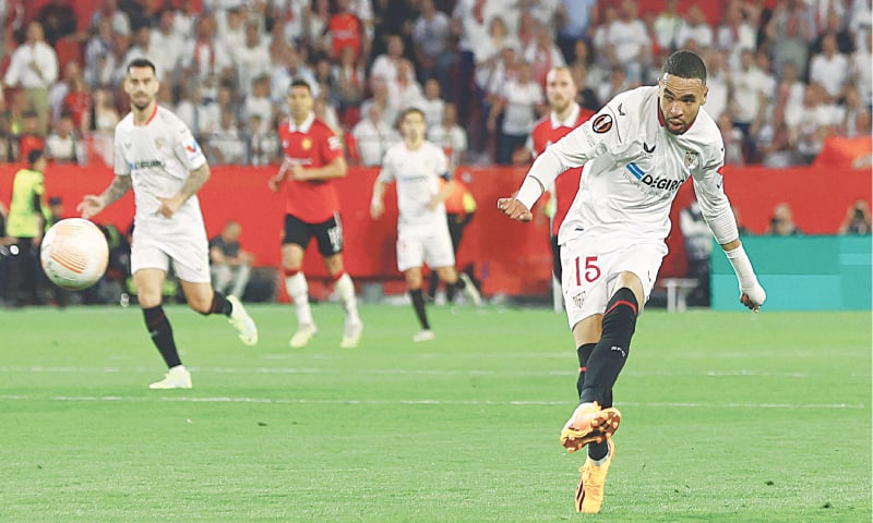 SEVILLE: Youssef En-Nesyri of Sevilla shoots to score against Manchester United during their Europa League quarter-final second leg at Ramon Sanchez Pizjuan.&mdash;Reuters