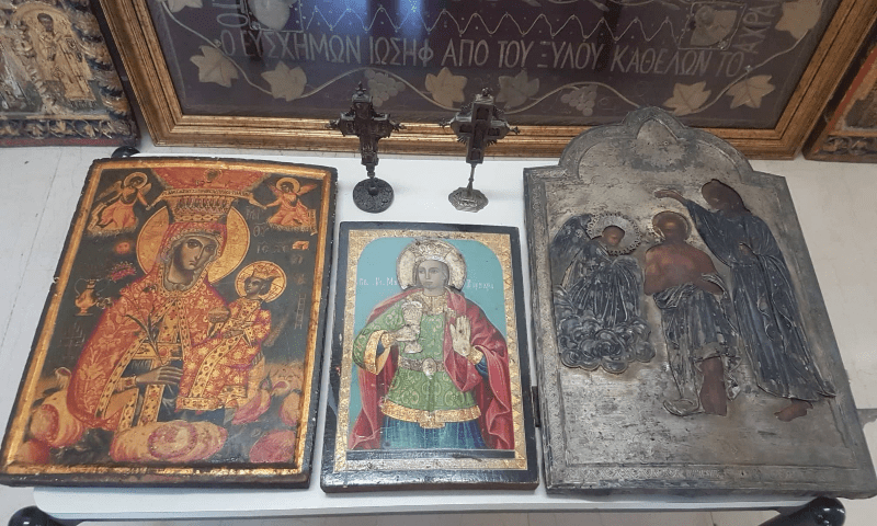 A view of several religious icons that were among the stolen artefacts that were recovered during a crackdown on international art trafficking, at an unknown location, in Greece, in this undated handout picture obtained by Reuters on May 4, 2023. &mdash; Reuters