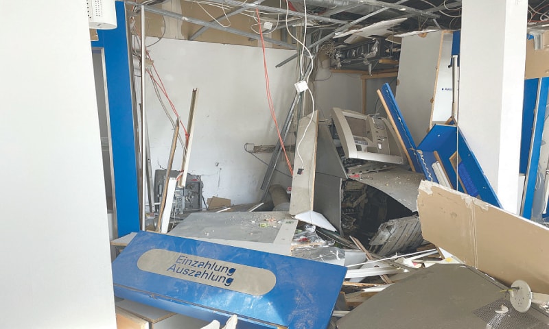 BAD HOMBURG (Germany): The remains of a blown up cash machine in central German town.&mdash;AFP