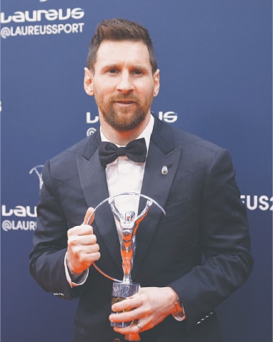 PARIS: Lionel Messi poses after winning the 2023 Laureus World Sportsman of the Year Award.—Reuters