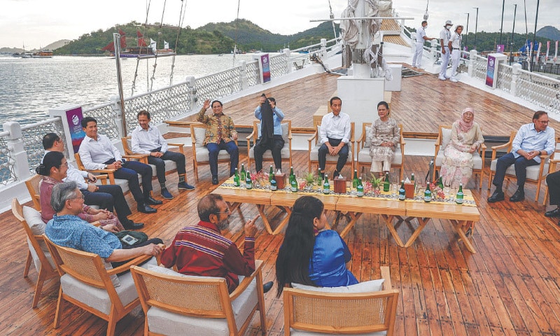 Asean leaders sit on the deck of a pinisi boat during a sunset view event on the sidelines of the 42nd Association of Southeast Asian Nations Summit in Labuan Bajo on Wednesday.—AFP Asean leaders sit on the deck of a pinisi boat during a sunset view event on the sidelines of the 42nd Association of Southeast Asian Nations Summit in Labuan Bajo on Wednesday.—AFP