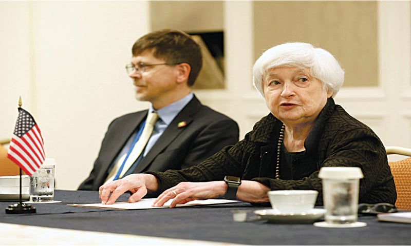 Niigata: US Treasury Secretary Janet Yellen speaks to Britain’s Finance Minister Jeremy Hunt during their discussion on the sidelines of the G7 Finance Ministers and Central Bank Governors’ Meeting on Saturday.—AFP Niigata: US Treasury Secretary Janet Yellen speaks to Britain’s Finance Minister Jeremy Hunt during their discussion on the sidelines of the G7 Finance Ministers and Central Bank Governors’ Meeting on Saturday.—AFP